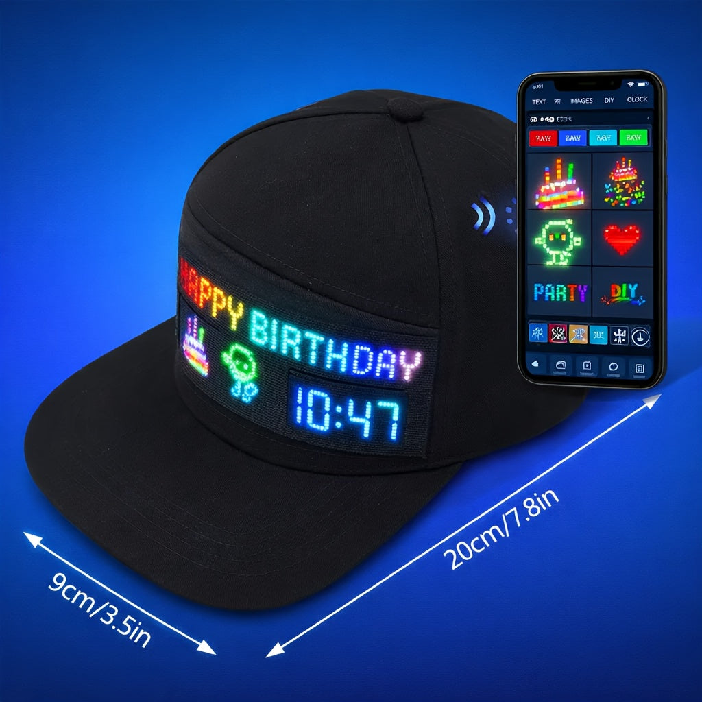 Programmable LED Light-Up Baseball Cap – Bluetooth App Scrolling Text & Animation, Rechargeable Flashing Hat for Parties, Music Festivals, and Night Runs, Adjustable Gift for Teens