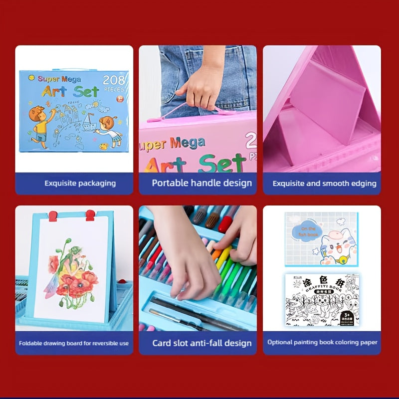 228-Piece Kids Art Painting Set with Easel, Complete Beginner Drawing Kit for Children Ages 3-12, Includes Sketchbook, Coloring Book, Acrylic Markers, Watercolor Pens, Oil Pastels, Colored Pencils & Eraser