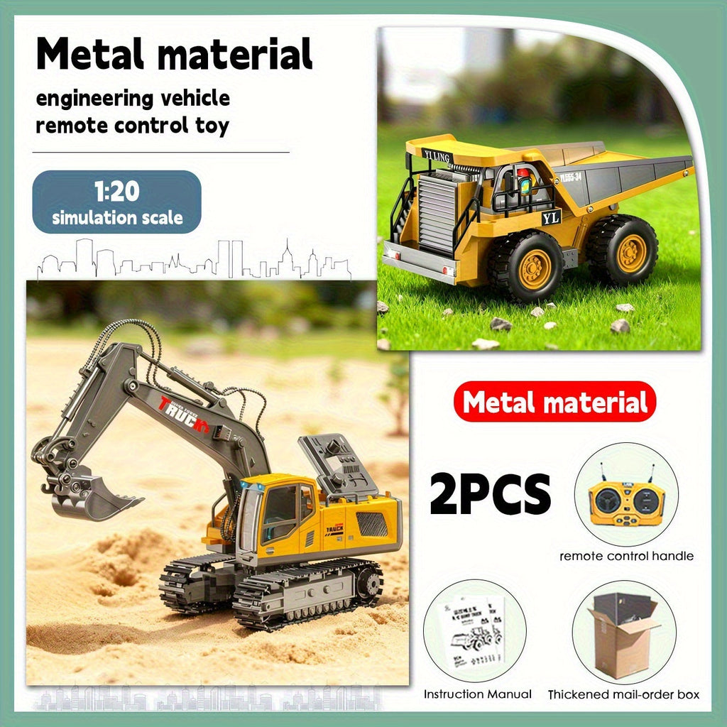 Remote Control Excavator Toy Set with Metal Shovel, LED Lights, 1200mAh Battery, RC Construction Truck, Bulldozer, Dump Truck, and Loader Combo for Boys Ages 6 and Up, Birthday or Christmas Gift