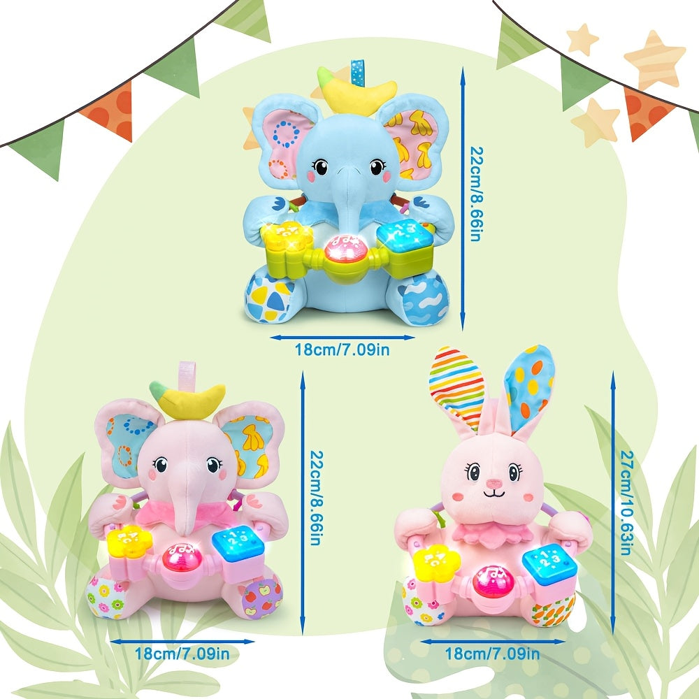 Baby Musical Plush Toy for 0-12 Months, Early Bilingual Learning Toy with Light Music & Squeak for Tummy Time, Blue Elephant Pink Elephant & Pink Bunny, Easter Christmas Birthday Gift for Baby Boys & Girls