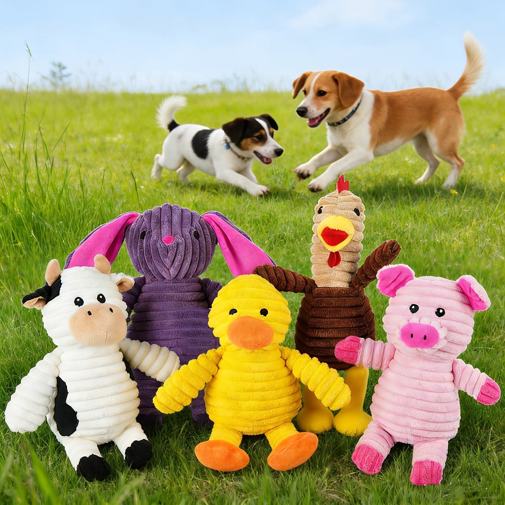 Plush Dog Squeaky Toys 5-Pack Bundle – Washable Stuffed Animal Chew Toys for Small, Medium, and Large Dogs, Embroidered Safety Eyes, Animal Designs (Pig, Frog, Elephant, Chicken, Fox)