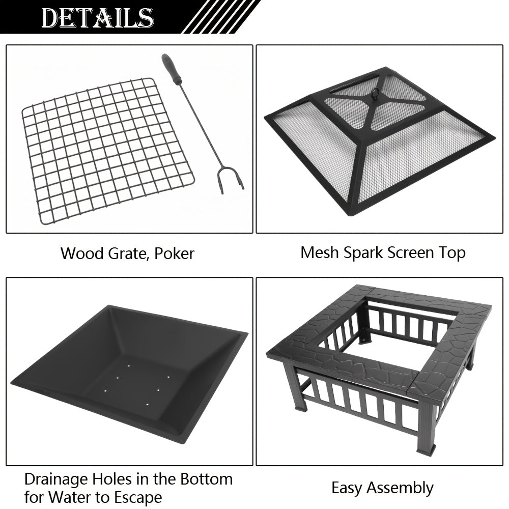 32-Inch Metal Outdoor Fire Pit with Mesh Screen Lid & Ash Fork – Wood Burning Backyard Fire Pit for Garden, Patio & Cozy Outdoor Gatherings, Durable Black Steel – Nova Mart