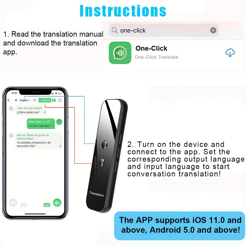 Portable Two-Way Instant Voice Translator Device with App Connectivity, Supporting 137 Languages, High Accuracy for Travel, Business, and Learning, Includes Headphones