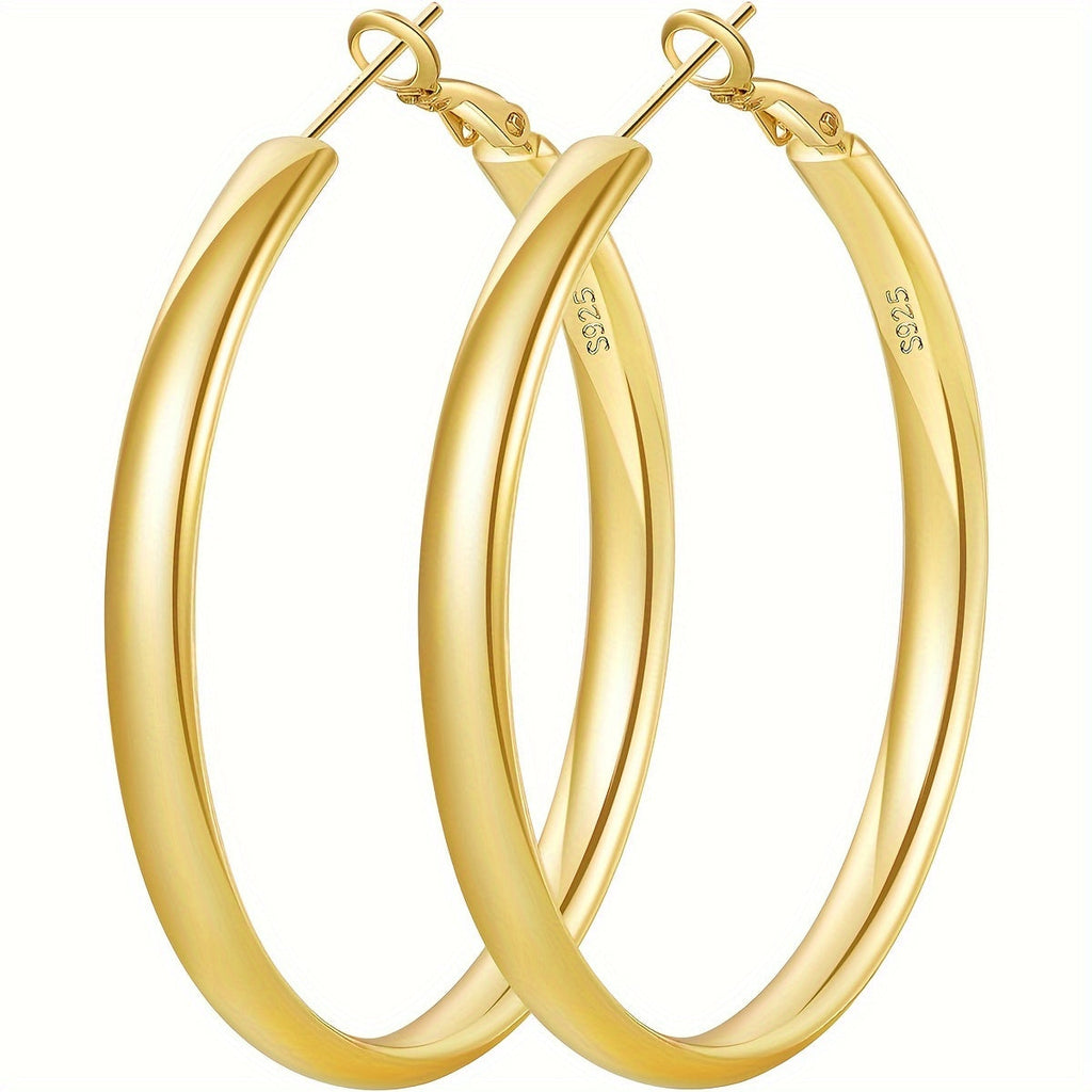 Women's 925 Sterling Silver Hoop Earrings – Hypoallergenic Thick Round Hoops, Gold & Silver, 5 Sizes 40mm–70mm, French-Style Jewelry for Daily Wear & Parties