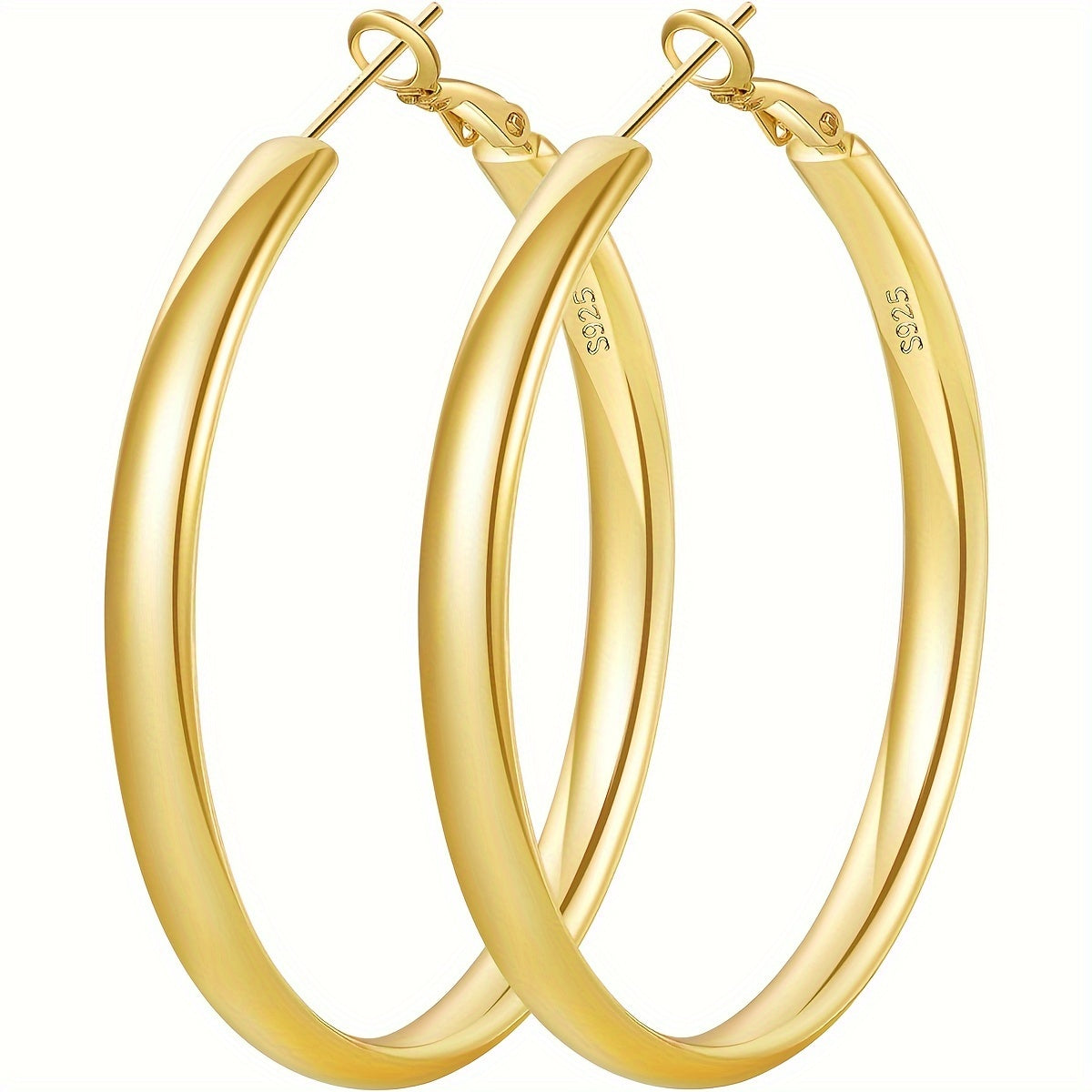 Women's 925 Sterling Silver Hoop Earrings – Hypoallergenic Thick Round Hoops, Gold & Silver, 5 Sizes 40mm–70mm, French-Style Jewelry for Daily Wear & Parties