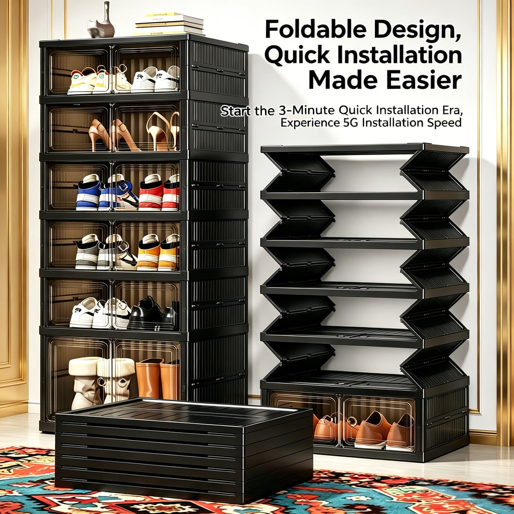 Foldable Transparent Shoe Cabinet 3/6/9 Tier, Magnetic Dust-Proof Doors, 62.5" Tall, No-Tool Assembly, Modular Stackable Shoe Storage Organizer for Entryway Closet Bedroom Dorm, Display Shoe Box