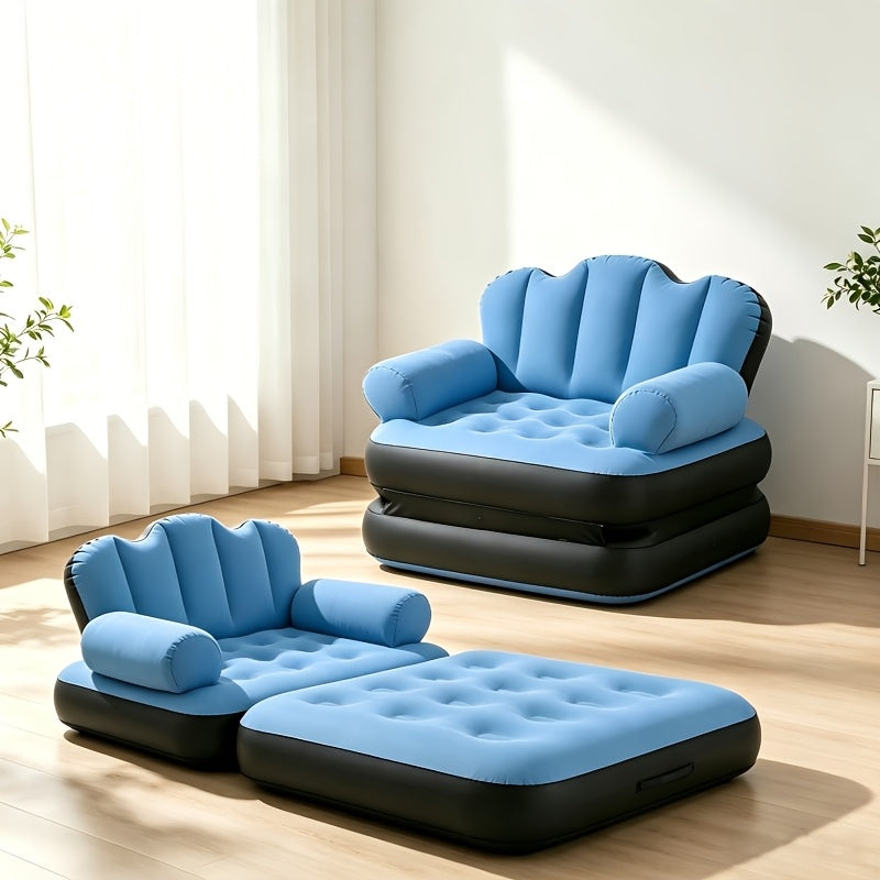 2-in-1 Flocked PVC Inflatable Sofa Bed Convertible Inflatable Couch & Air Mattress Portable Easy to Store Holiday Gift – Khaki or Blue