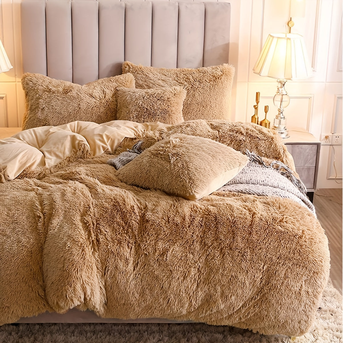 Plush Duvet Cover Set 3 Piece, Long Hair Knitted Polyester, Solid Color Fuzzy Comforter Cover with Zipper Closure, All-Season Soft Cozy Bedding Set for Bedroom, Multiple Colors Available