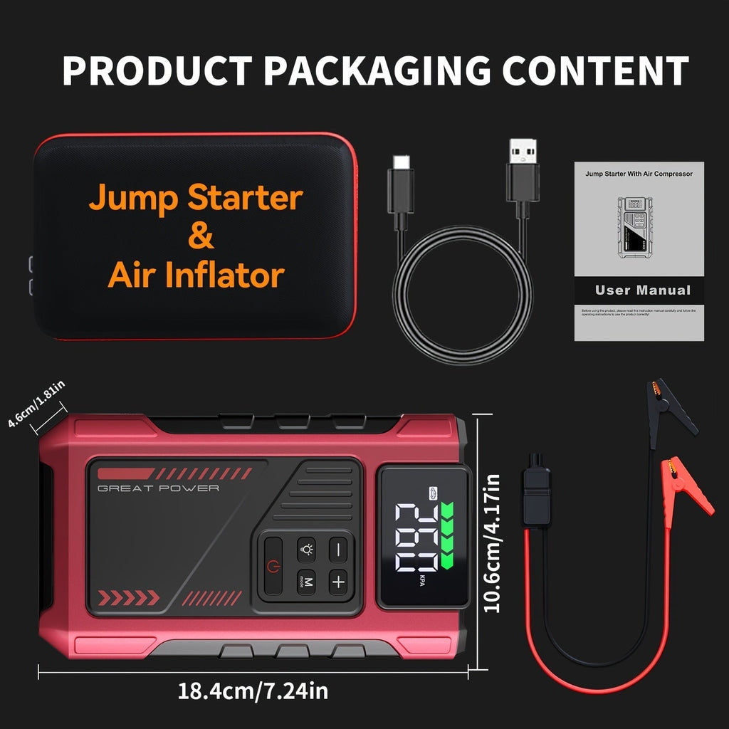 9-in-1 Portable Jump Starter with Air Compressor for 12V Vehicles (Up to 8.0L Gas / 6.5L Diesel) – Battery Booster Pack with Tire Inflator, USB Power Bank, LED Emergency Light & Roadside Kit