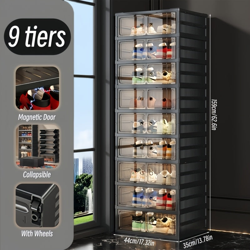 Foldable Shoe Cabinet 3 6 9 Tier No-Install Dustproof Shoe Rack with Clear See-Through Doors Magnetic Closure Large Capacity for Entryway Hallway Foyer 18 Pairs