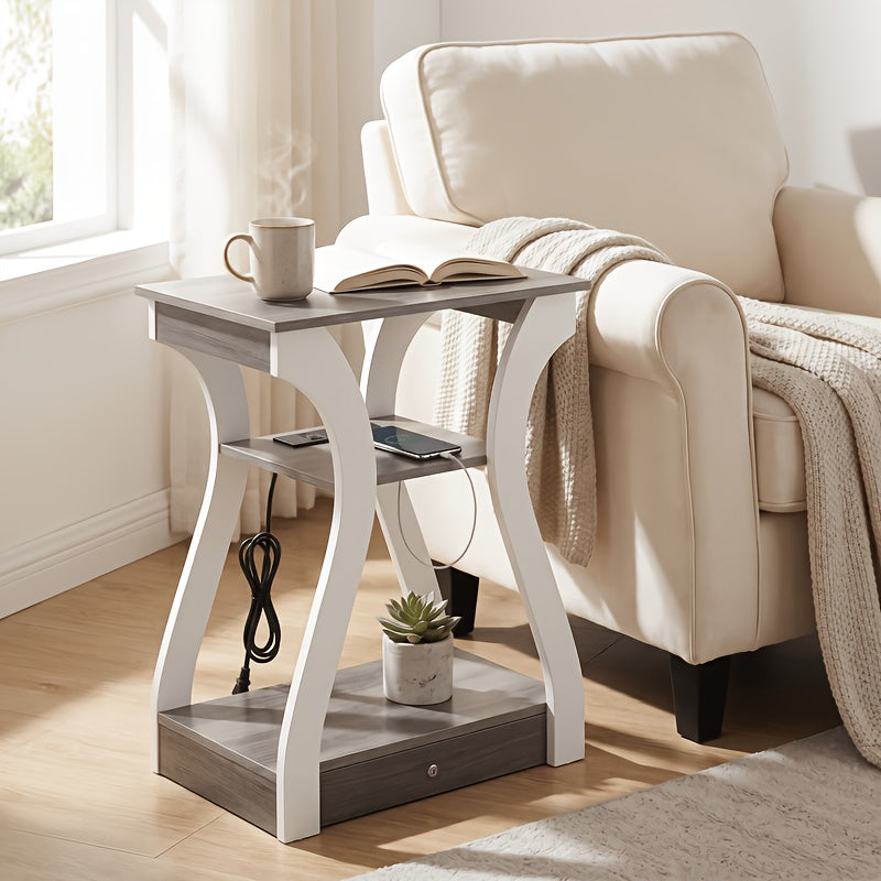 3-Tier Side Table with Charging Station – USB Port & Power Socket End Table for Bedroom Living Room Sofa Bedside Reading Afternoon Tea