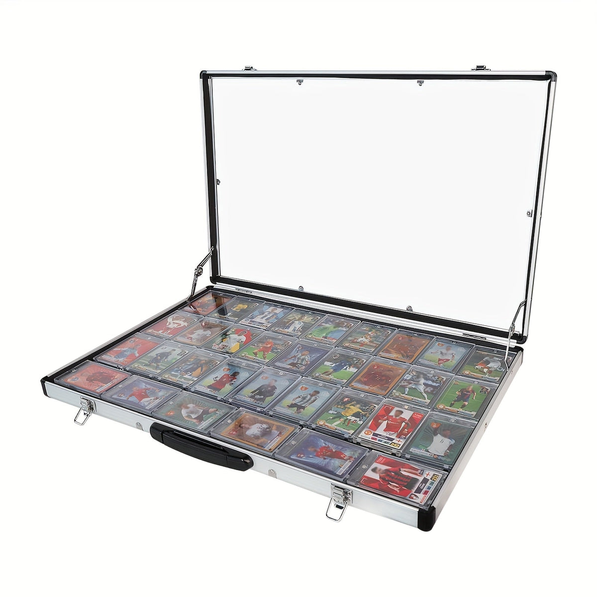 Aluminum Trading Card Display Case, Lockable Portable Collector Showcase Box with Carry Handle for Pokemon MTG Sports Cards Pins Jewelry Photos Collectibles, Silver Black