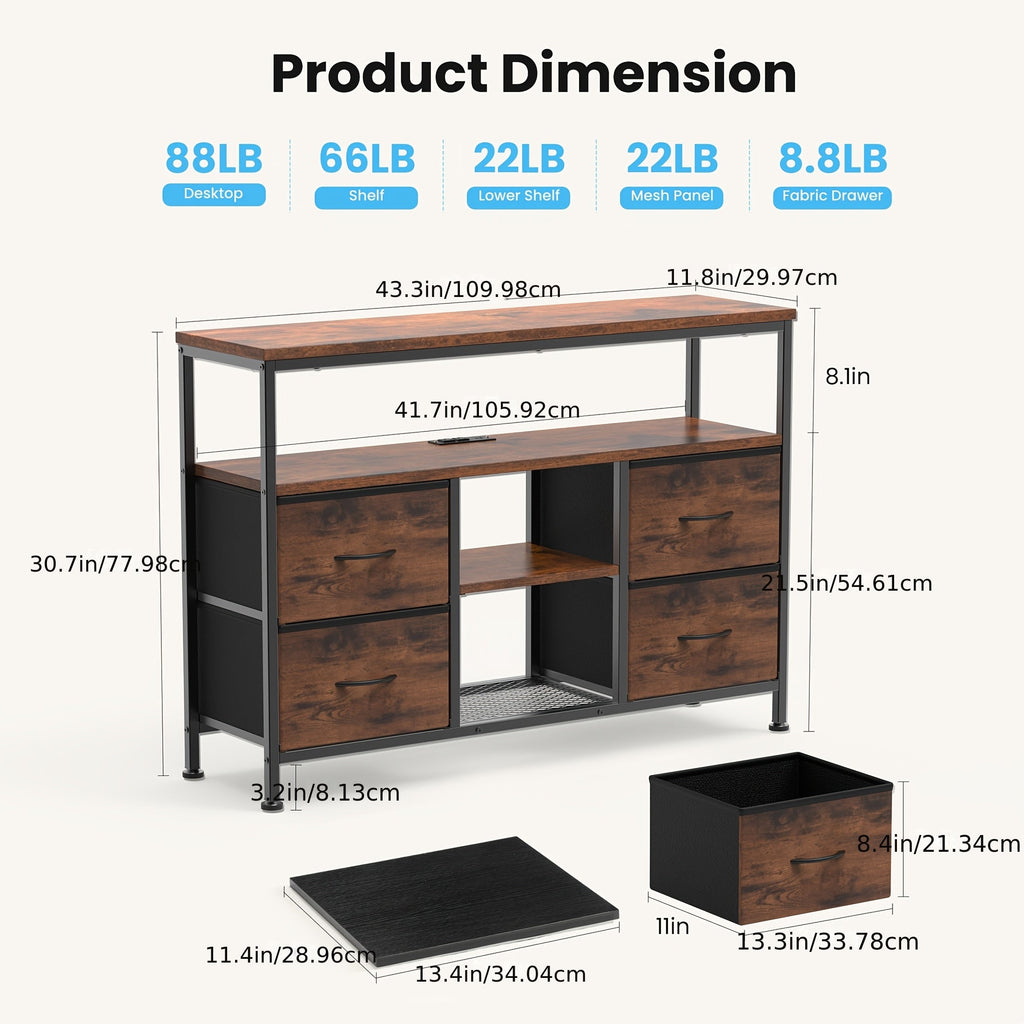 TV Stand with 4 Drawers & LED Lights, Entertainment Center Media Console with Power Sockets, Open Shelves & Adjustable Feet for 50 Inch TV, Living Room Furniture, White Black Rust