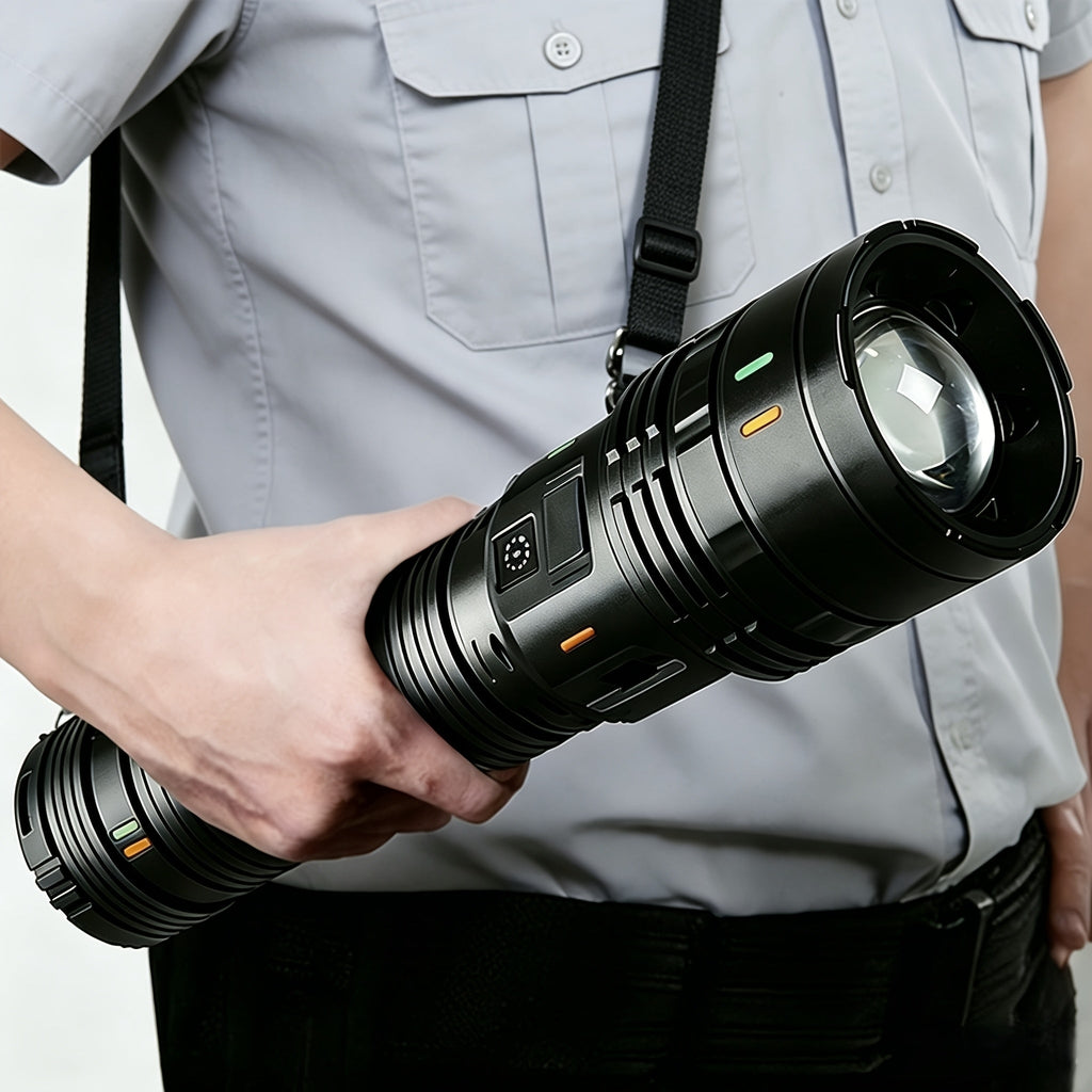 High-Lumen USB Rechargeable Flashlight – 3600mAh High-Capacity Battery IP68 Waterproof with Shoulder Strap for Outdoor Work Patrol Fishing & Home Use