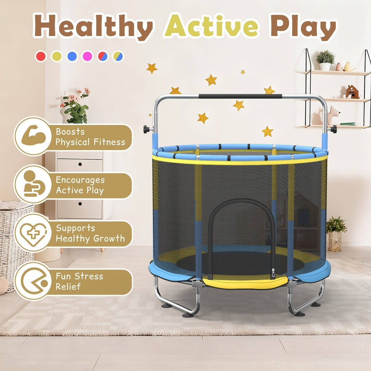 Kids & Adults Trampoline with Safety Enclosure Net, Multi-Functional Leisure Sports Trampoline, Indoor/Outdoor Backyard Jumping Mat, 6 Color Options, Fun Exercise Equipment for Family