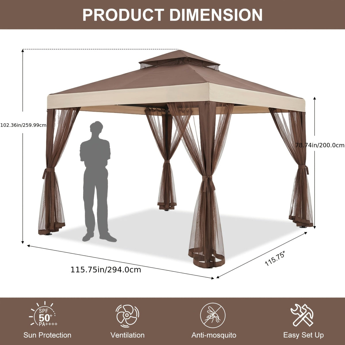 10x10 Outdoor Gazebo Canopy Tent, Mosquito Netting, Double Roof, Metal Frame, for Patio, Garden, Deck, Backyard, Lawn & Party Shelter