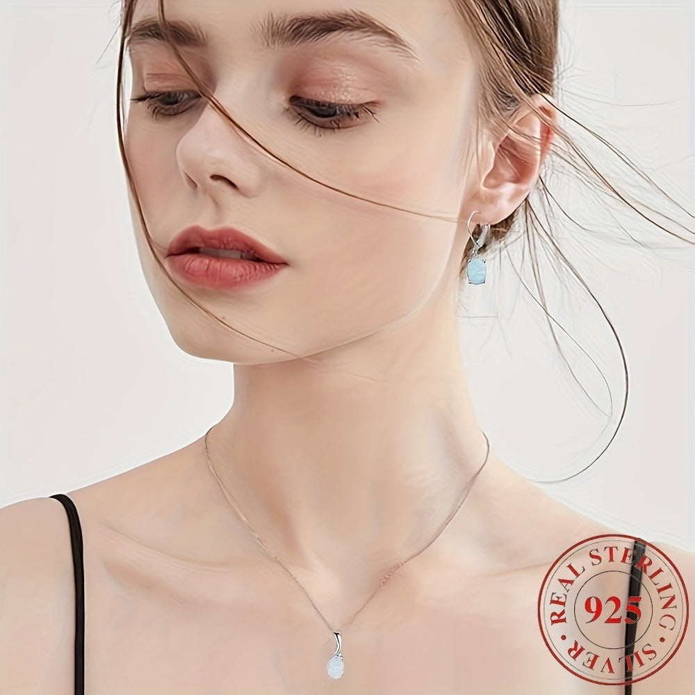 925 Sterling Silver Water Drop Opal Jewelry Set for Women – 4-Piece Necklace, Earrings, and Ring Set, Elegant Opal Pendant Fashion Jewelry Gift for Party, Daily Wear, Birthday, and Anniversary