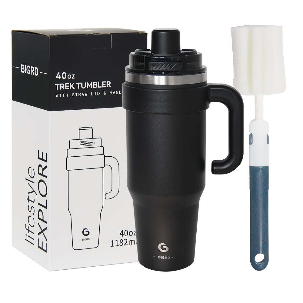 BIGRD 40oz Vacuum Insulated Travel Tumbler 1182ml Double Wall Stainless Steel with Handle and Straw Lid Leak Proof Hot Cold Hours Cleaning Brush Black Gray Blue