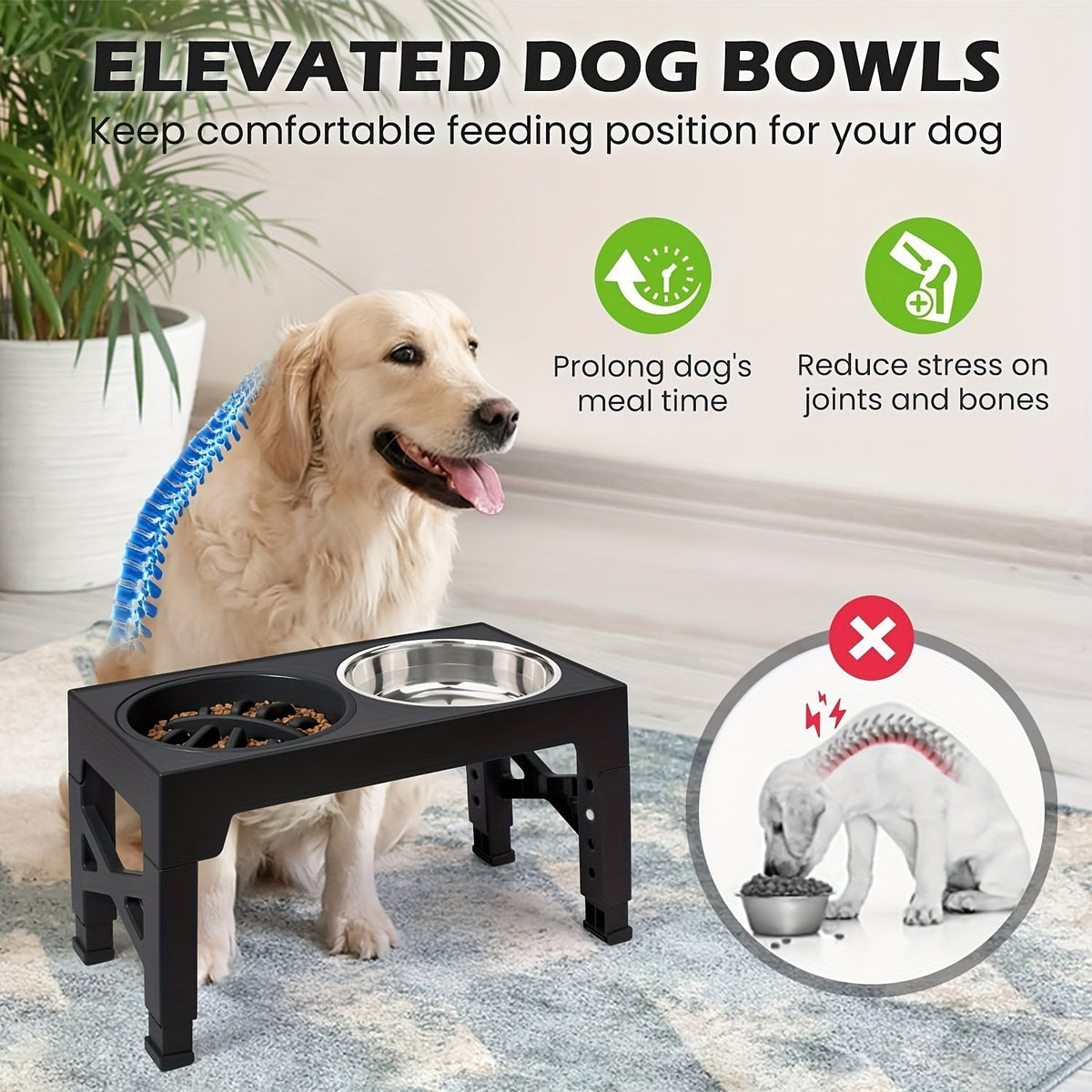 Adjustable Elevated Dog Bowl Stand with 3-Bowl Set – 5 Heights 3.2–12.2 Inches, 2 Stainless Steel Bowls + Slow Feeder Bowl for Small, Medium, and Large Dogs, Raised Feeder in Black or Gray