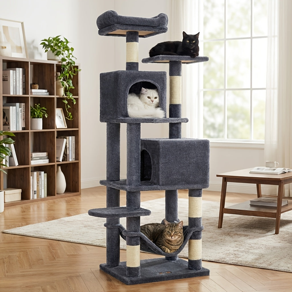 61-Inch Multi-Level Cat Tree Tower – Plush Cat Condo with 5 Scratching Posts 2 Perches 2 Caves Hammock & Pompoms for Indoor Cats in 7 Colors