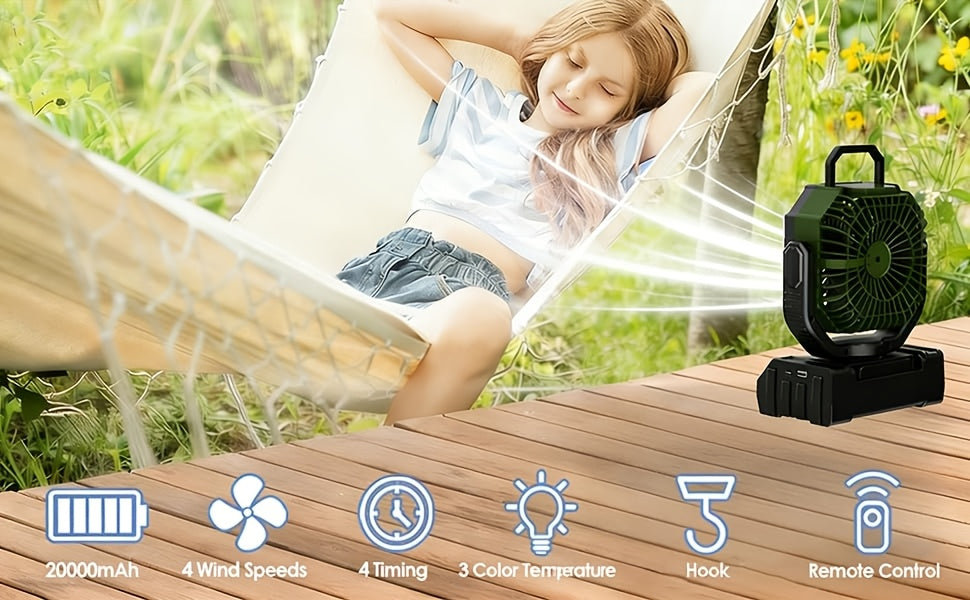 20000mAh Camping Fan with Remote Control, LED Light, Oscillating, 4 Speeds, Timer, and Power Bank - Rechargeable Tent Fan for Camping, Picnic, BBQ, Fishing, and Outdoor Use