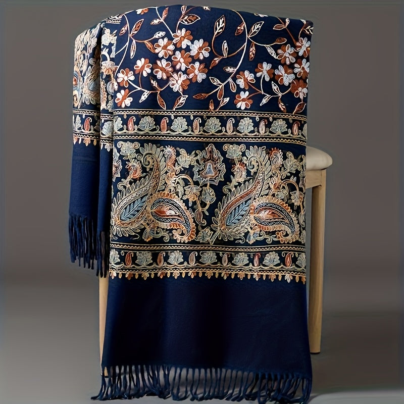 Women's Bohemian Cashmere Shawl Scarf – Vintage Paisley Embroidery with Tassel Trim, Lightweight Warm Wrap for Spring & Fall, 6 Colors, Hand Washable for Casual & Dressy Outfits