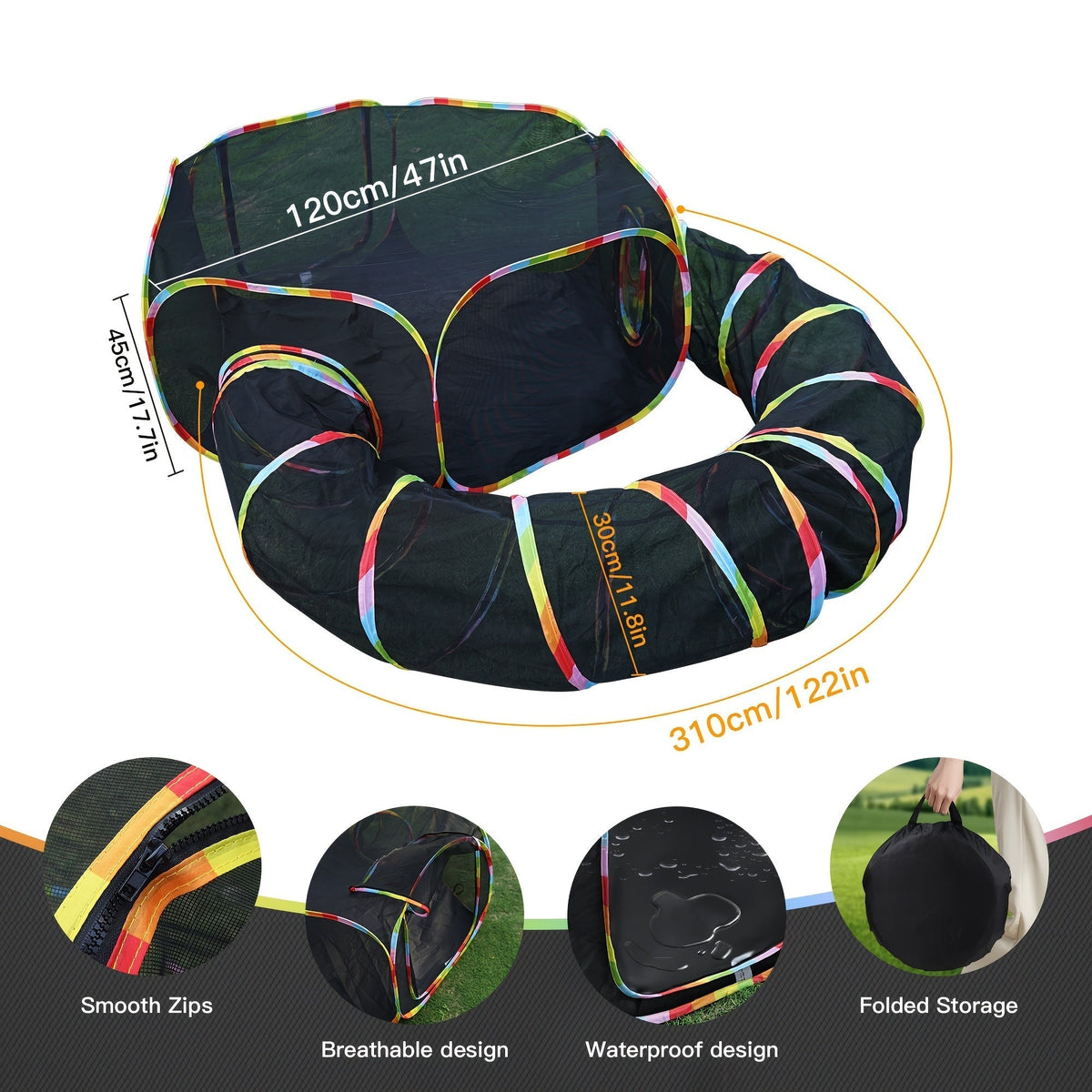 Rainbow Cat Playpen Outdoor Cat Enclosure with Circle Tunnel and Portable Pop-Up Tent, Foldable Cat Playground for Cats, Kittens, and Small Animals, Indoor/Outdoor Use