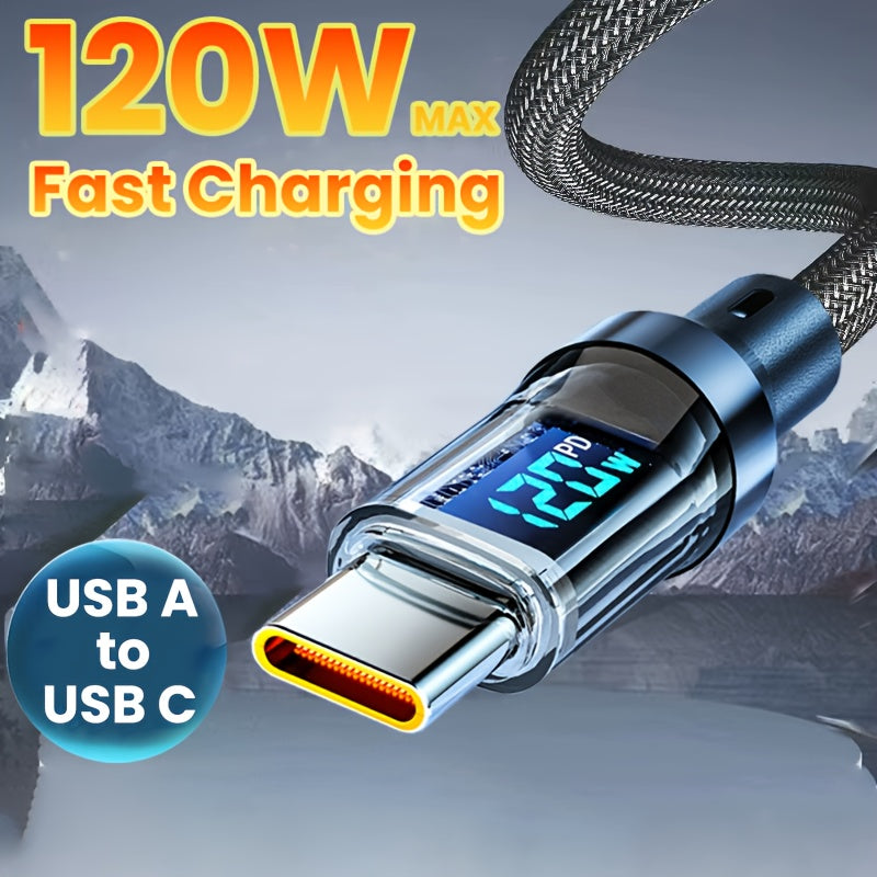 6A 120W Fast Charging Cable with Real-Time Digital Display - USB-A to USB-C Quick Charge - For iPhone, Android & Samsung - 1m & 2m - Black