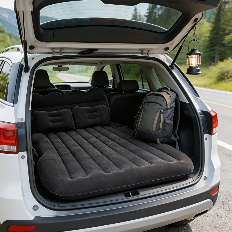 SUV Sedan Car Inflatable Bed, Soft Flocked Back Seat Air Mattress, Foldable & Portable Sleeping Mat for Camping, Road Trips, and Picnics – Includes Air Pump & Storage Bag, Black Grey Beige Pink