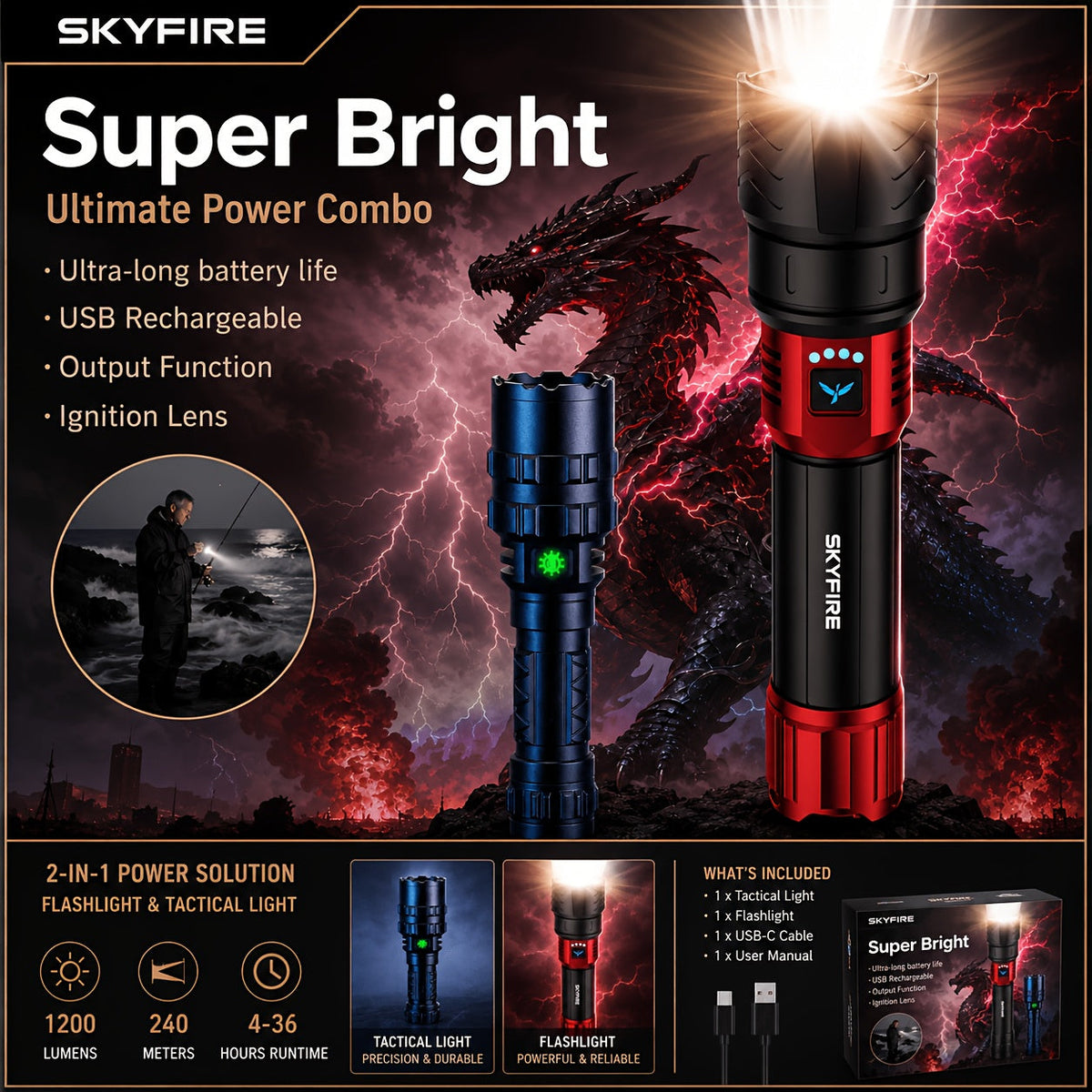 SKYFIRE 5000 Lumen Rechargeable LED Flashlight with Ignition Lens, Adjustable Focus & 4 Modes – Super Bright High-Lumen Tactical Flashlight for Camping, Outdoor, Farm & Emergency Family Use