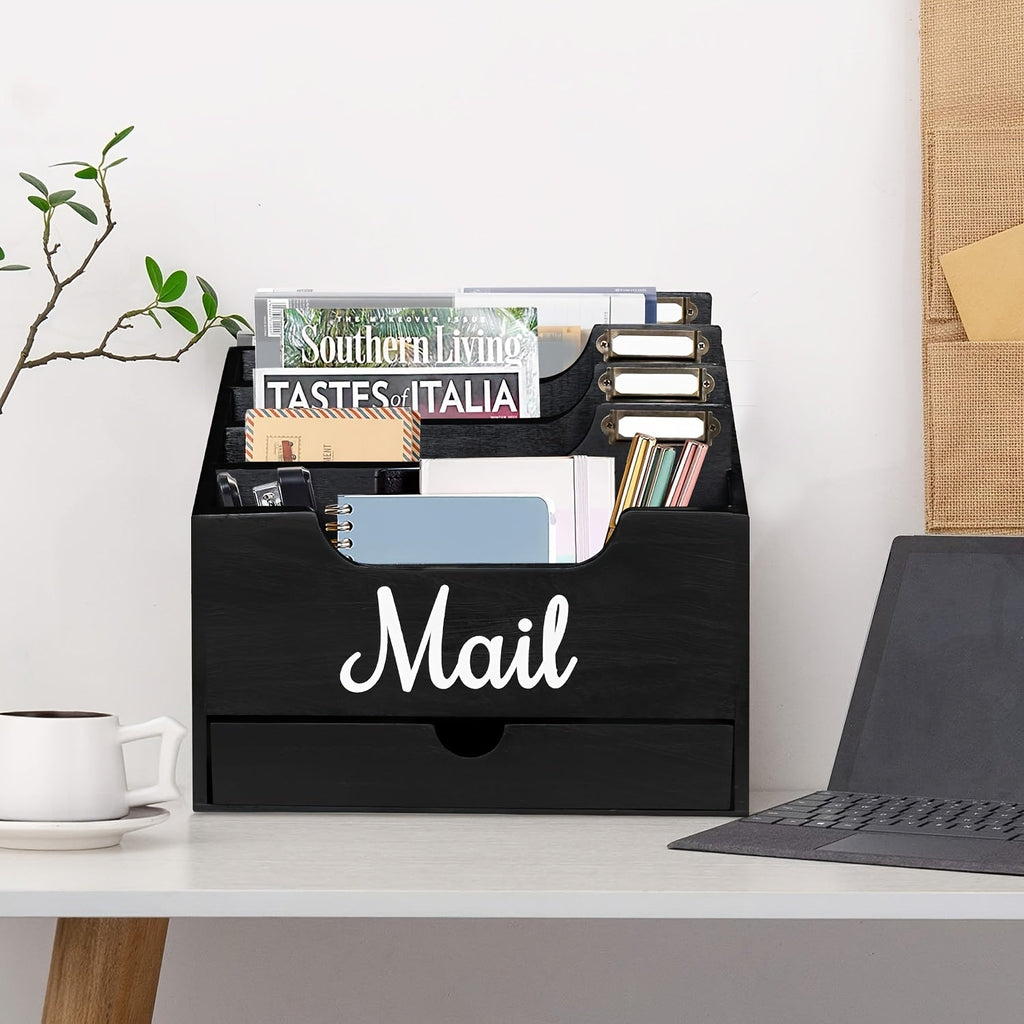 Large Solid Wood Desktop Mail Organizer with Drawer and 4 Compartments, Labelable Dividers for Files, Letters, and Paper Folders, Desk Organizer for Home Office, Students, and Professionals