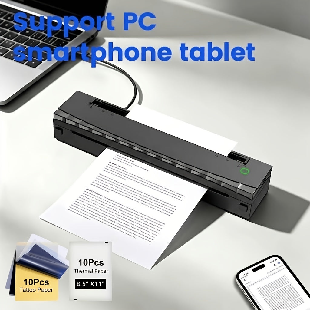 Portable A4 Wireless Thermal Tattoo Stencil Printer - Inkless, Rechargeable, Supports Transfer Paper Roll & Fanfold, Compatible with Android, iOS, Laptop & Tablet - Black