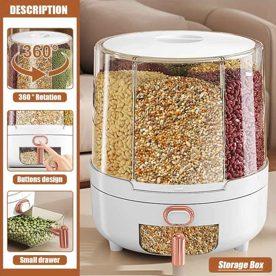 Rotating Cereal Dispenser 6-Grid Large Capacity Airtight Rice Storage Container, Moisture-Proof Insect-Proof Grain Dispenser with Transparent Window & Press Button, Food-Grade PP for Rice, Grains, and Flour