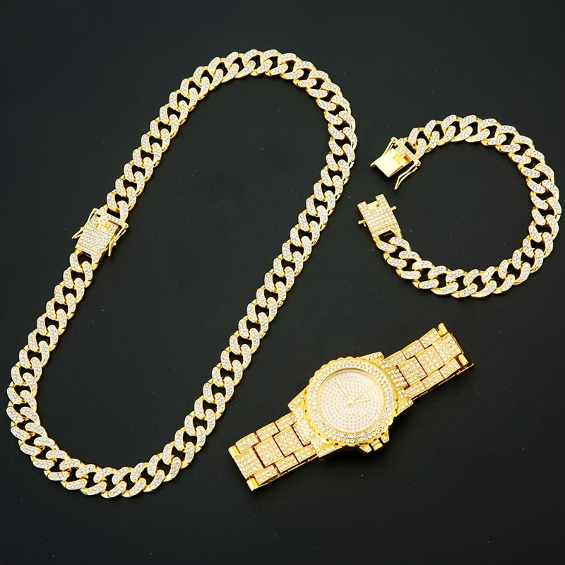 4-Piece Men's Punk Jewelry Set: Quartz Watch, Cuban Chain Necklace, Bracelet, and Rhinestone Cross Necklace – Hip Hop Style Gift for Men