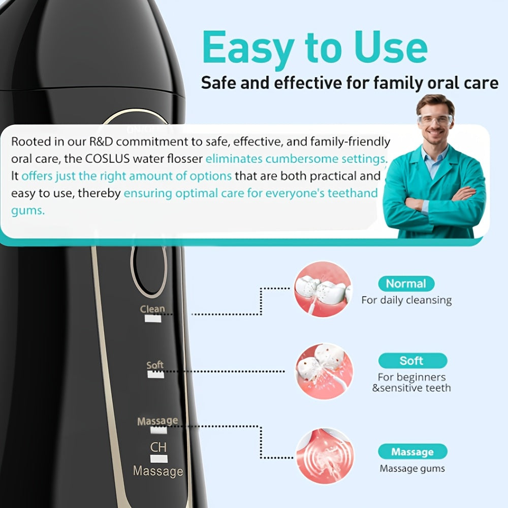 COSLUS CX20 Cordless Water Flosser with 4 Modes & 5 Tips - IPX7 Waterproof, 30-Day Battery, USB Rechargeable, Portable Oral Irrigator for Teeth Cleaning Travel Home - Black Gold & White Gold