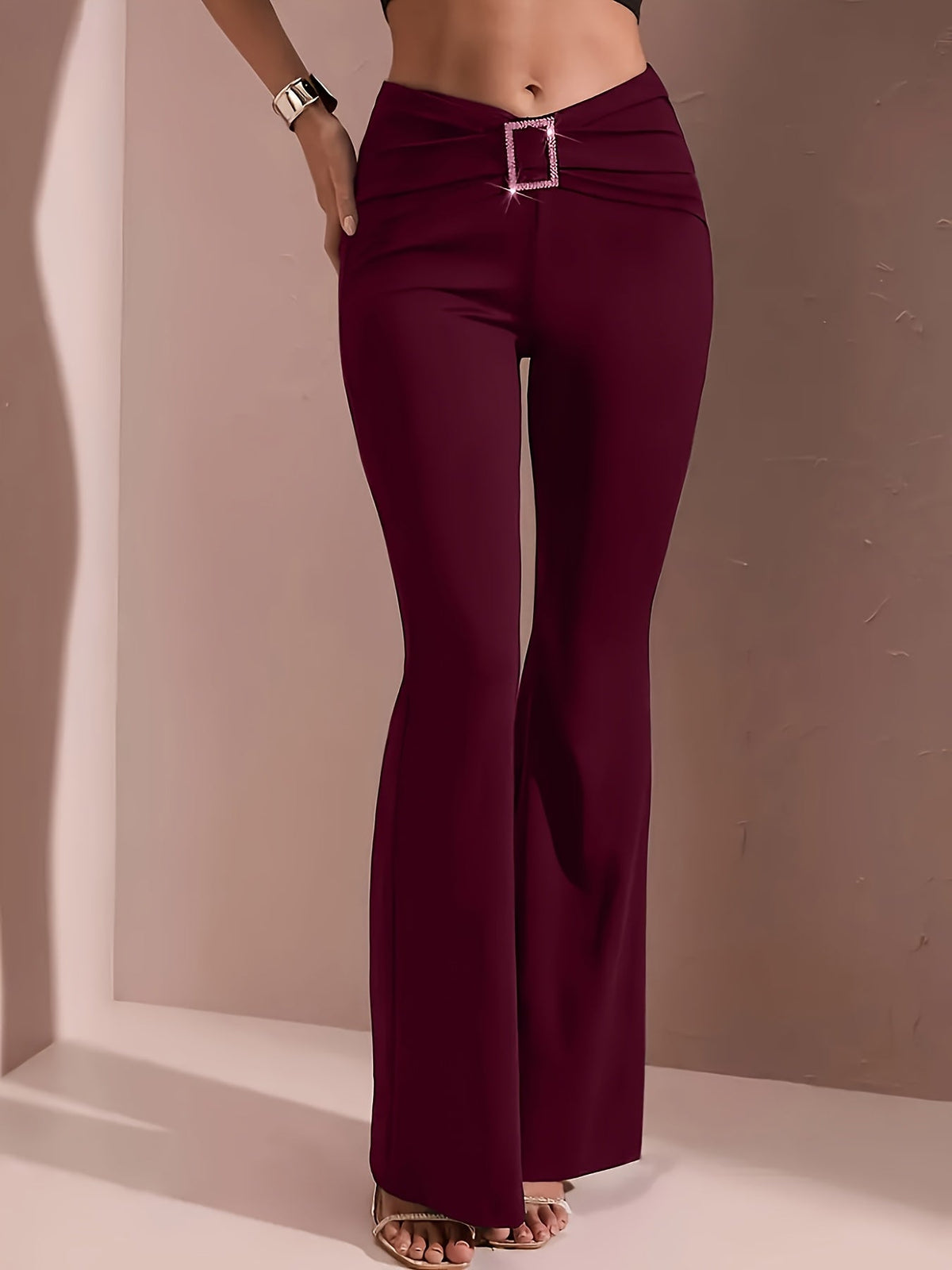 Women's High-Waist Flared Wide-Leg Pants, Elastic Waistband, Metal Chain Detail, Smooth Stretchy Fabric, Black/Deep Red/Blue, S-XXL