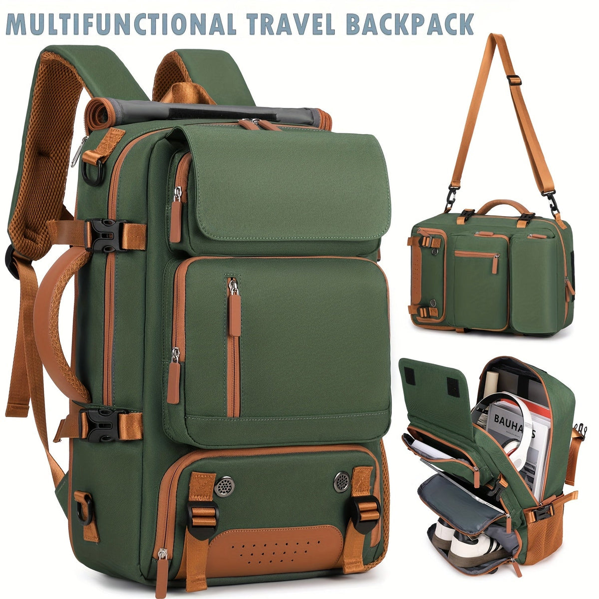 Multifunctional Large Capacity Backpack - Laptop, Travel & Student Bag - Handheld, Single Shoulder & Double Back Carry - Fern Green, Light Green & Peacock Blue
