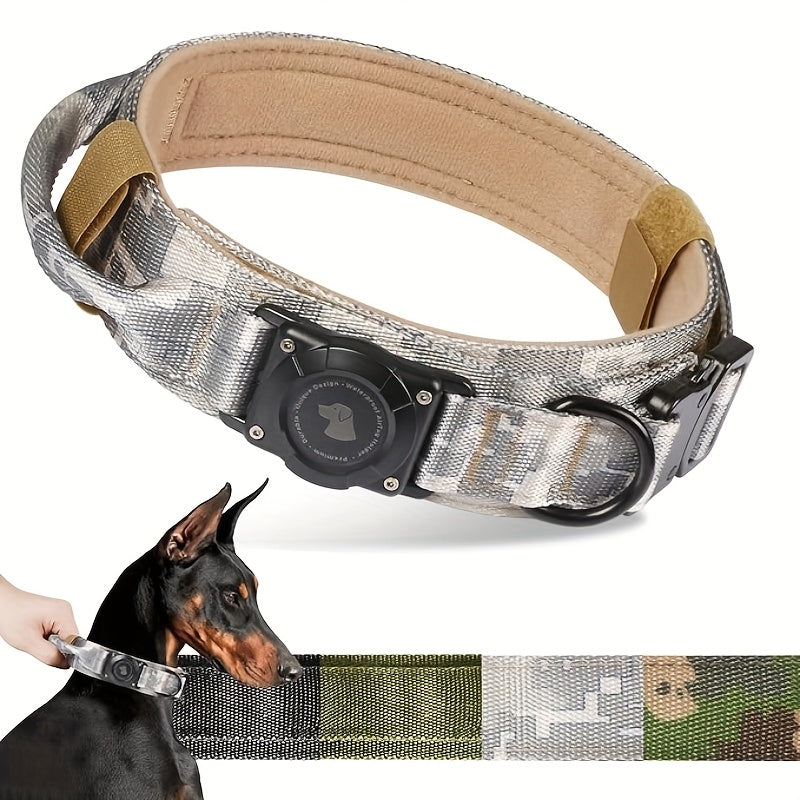Tactical Dog Collar with AirTag Holder & Handle – Heavy-Duty PC Nylon, Adjustable M/L/XL for Medium to Large Dogs, Military-Style Training Collar with Control Handle