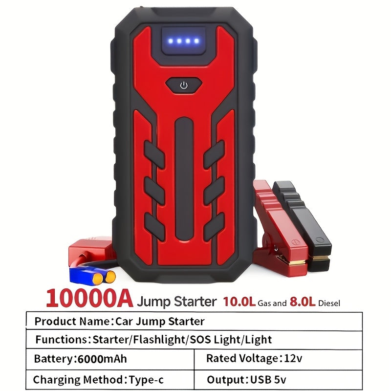 Portable Car Jump Starter Kit Multi-Function 12V Battery Booster with LED Flashlight, SOS Rescue Light, and Air Pump for Cars, Trucks, and Emergency Power Accessories