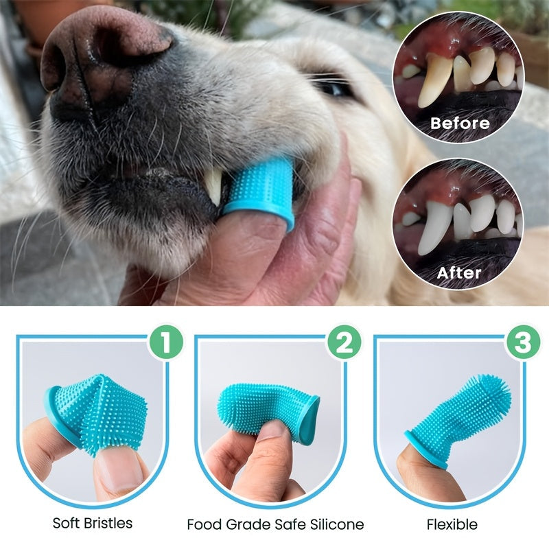 3-Piece Pet Dental Care Silicone Toothbrush Set, 360° Finger Brush & Micro-Ciliated Brush for Dogs & Cats, Soft, Gentle, No Battery Required