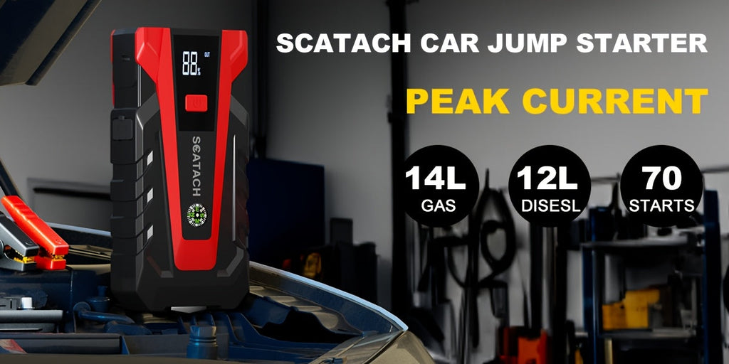 Car Jump Starter with Air Pump & Digital Tire Pressure Gauge – 12V Portable Emergency Starter for Cars, Trucks, SUVs, RVs & Motorcycles, LED Display, SOS Light & Window Breaker