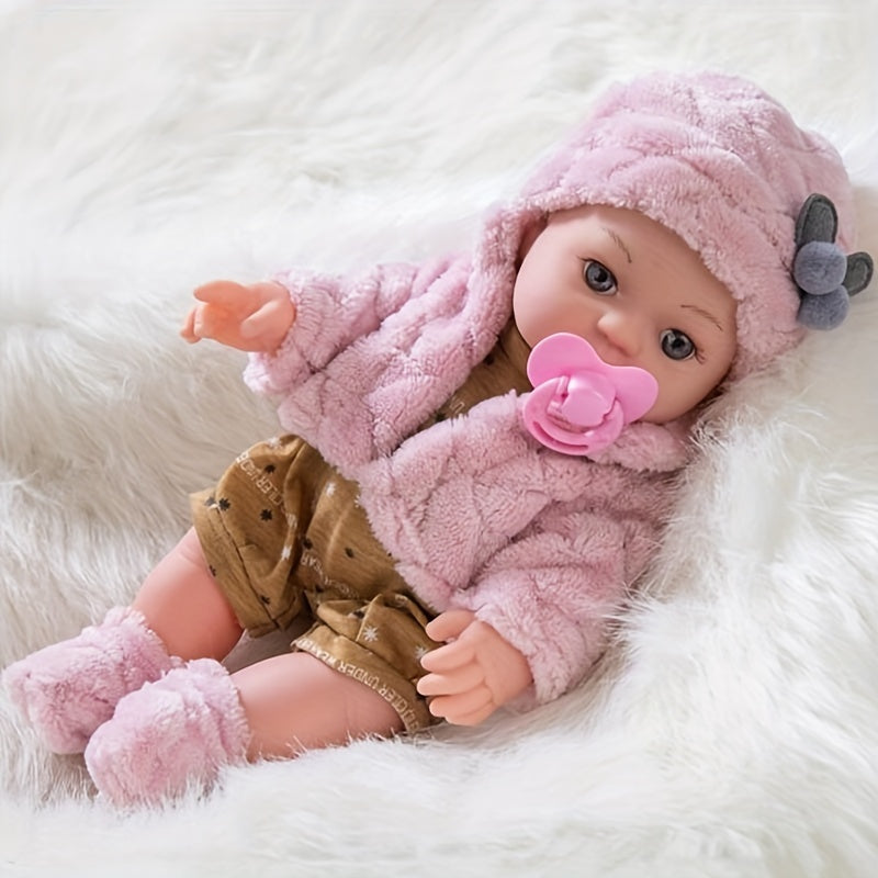 12-Inch Reborn Baby Doll with Pink Plush Outfit, Hat, Socks, and Pacifier, Realistic Newborn Soft Body Baby Doll Toy for Girls, Toddlers, Kids, Birthday, Christmas, Holiday Gift