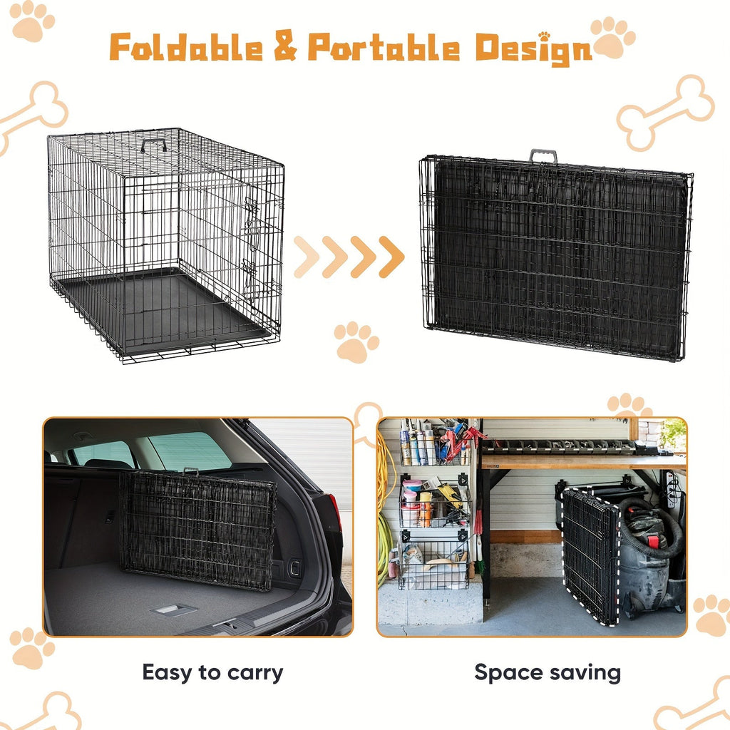 Foldable Double-Door Metal Wire Dog Crate with Divider Panel and Leak-Proof Tray, Indoor/Outdoor Travel Pet Kennel for Small, Medium, Large, and XL Dogs, 4 Sizes Available
