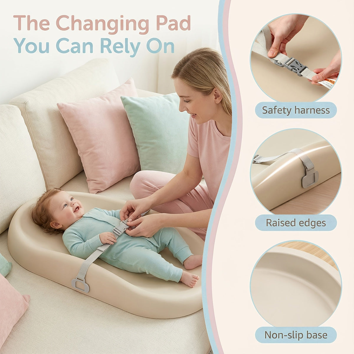 Waterproof Changing Pad Wipe-Clean Soft Non-Slip with Adjustable Safety Belt – Tear-Resistant Diaper Pad for Dresser Changing Table Infants & Toddlers