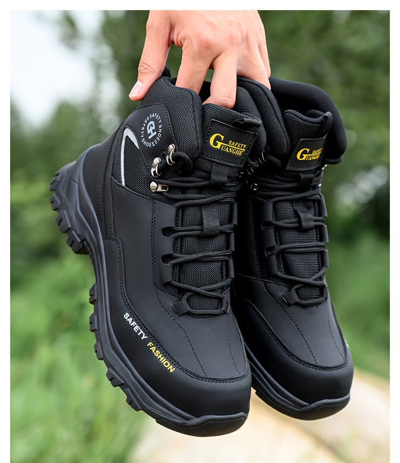 Men's Steel Toe Work Boots, Heavy Duty, All-Terrain Rubber Sole, Cushioned Insole, Arch Support, Four-Season Construction, Industrial, Farm, and Outdoor Boots, Black/Army Green, US Sizes 6-11