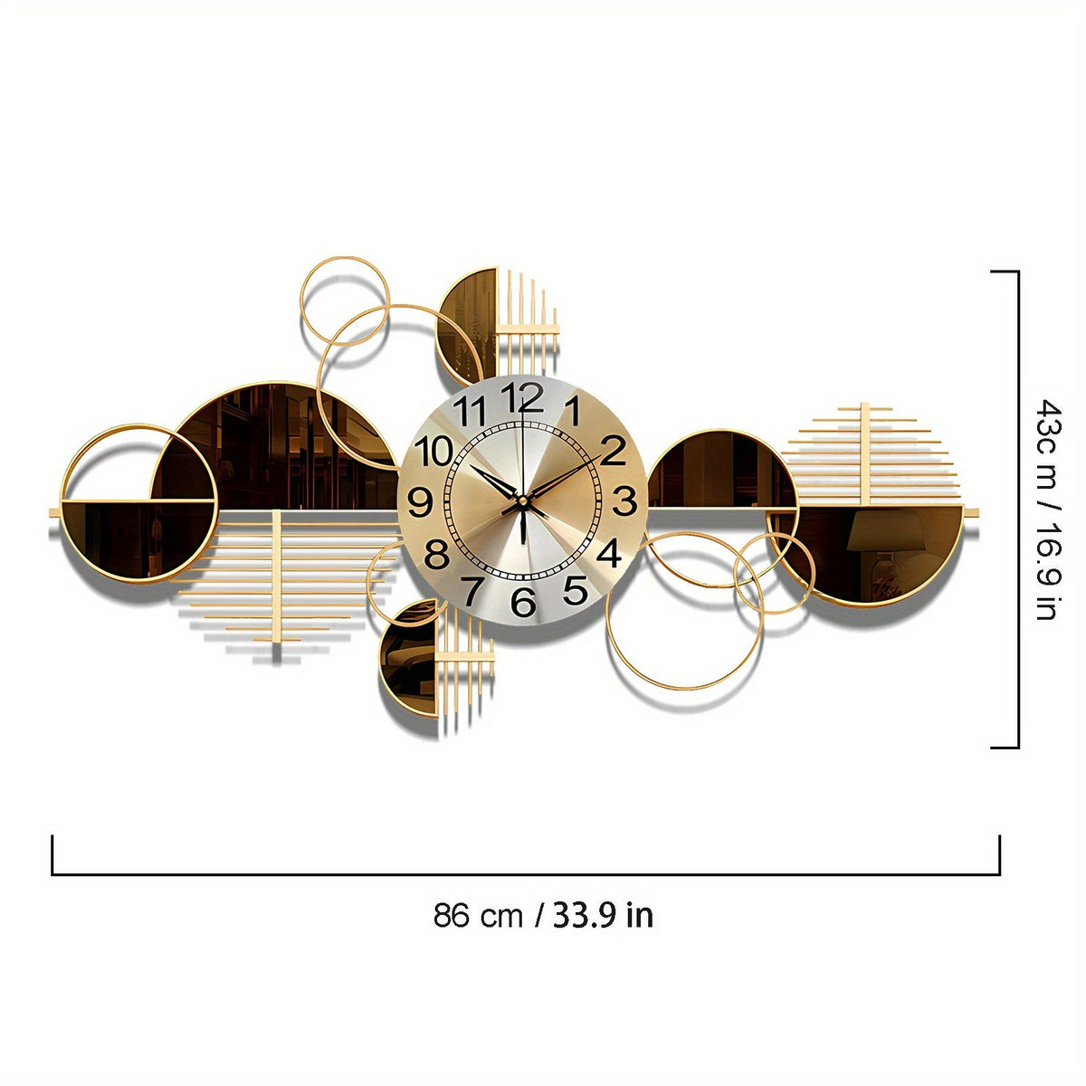 3D Metal Wall Clock Silent No-Ticking – Large 34"x17" Decorative Modern Wall Art Clock for Living Room Bedroom in Brown