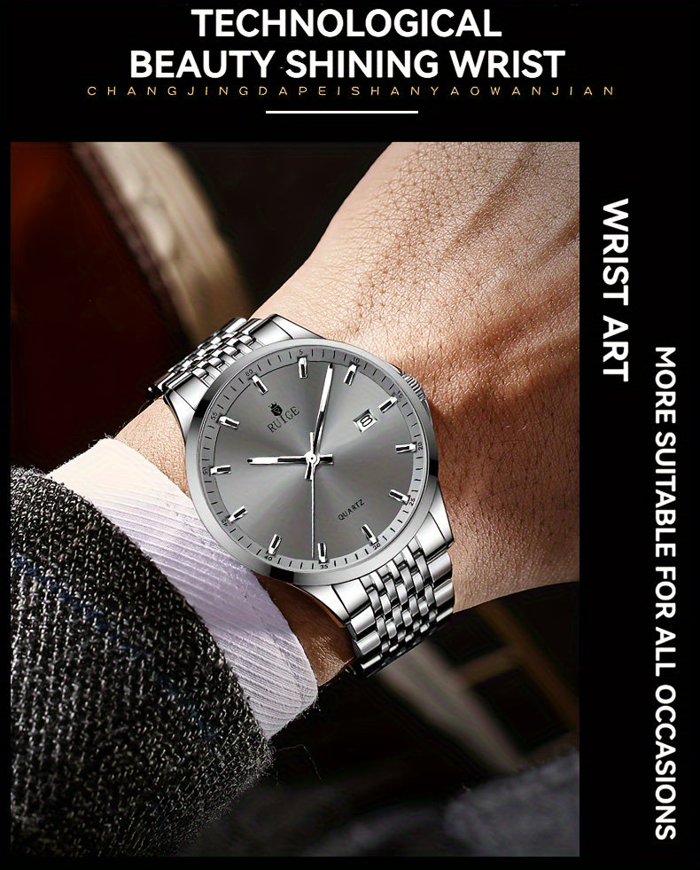 RUIGE Men's Luxury Quartz Watch Stainless Steel with Calendar, Luminous, and Rhinestone Accents - Sports Business Dress Watch for Men, Gift for Him