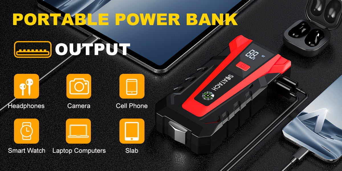 Car Jump Starter with Air Pump & Digital Tire Pressure Gauge – 12V Portable Emergency Starter for Cars, Trucks, SUVs, RVs & Motorcycles, LED Display, SOS Light & Window Breaker