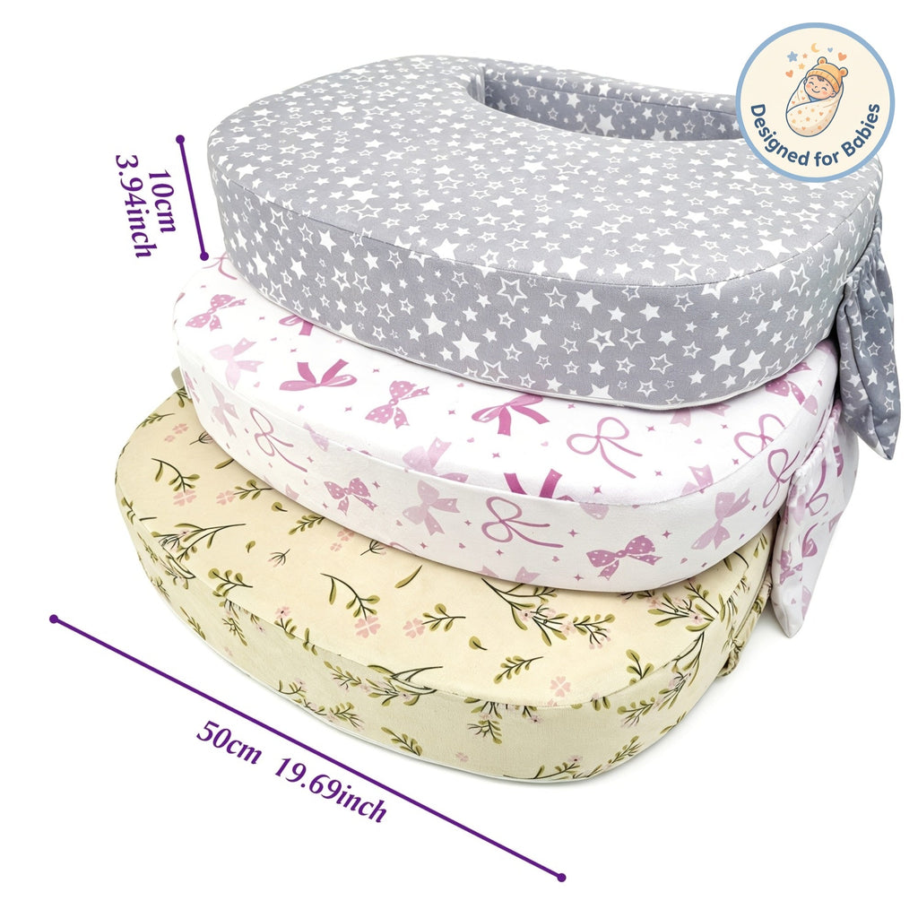 High-Support Nursing Pillow for Breastfeeding & Bottle Feeding, Ergonomic Lap Pillow with Spacious Comfort Surface for Newborns & Infants, 3 Styles Including Grey Stars Pink Bow & Beige Flowers