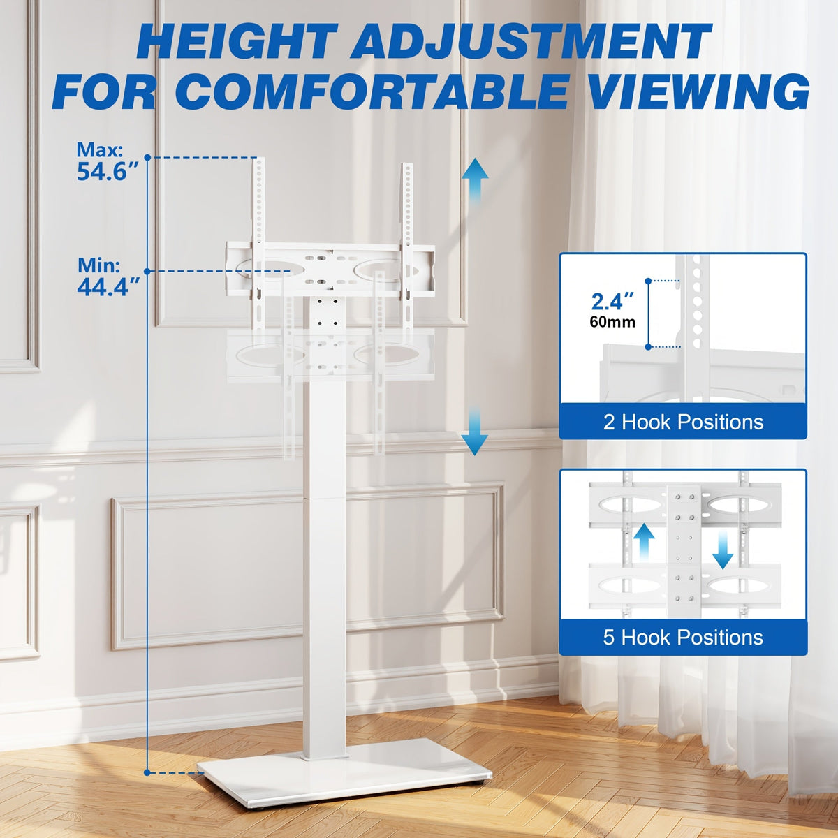 Freestanding Tempered Glass TV Stand 32–75 In 88 Lbs Universal VESA Height Adjustable 44.4–54.6 In 30° Swivel 8mm Glass Base Cable Management – White